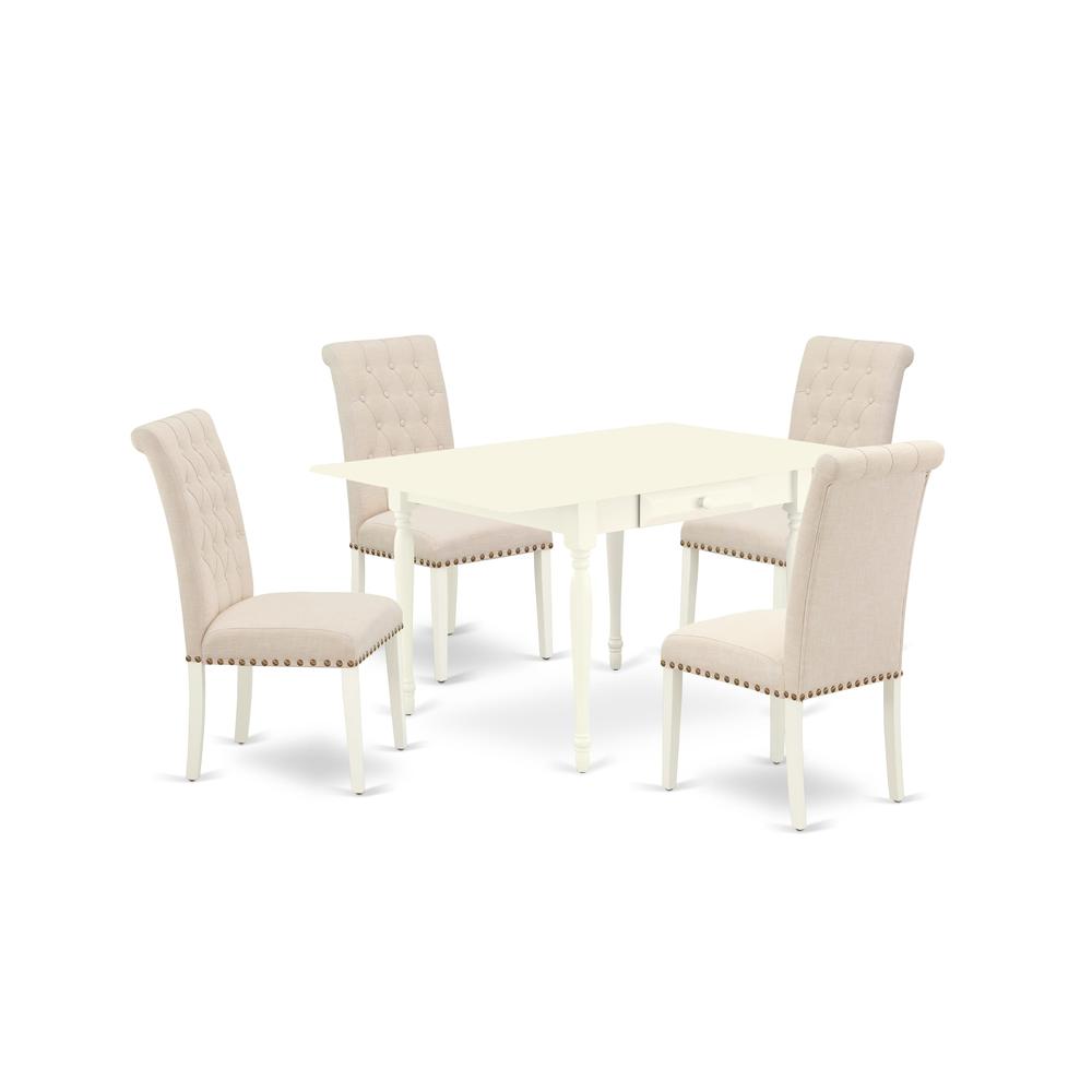 1MZBR5-LWH-02 5Pc Dinette Set Includes a Small Table and 4 Parsons Dining Chairs with Light Beige Color Linen Fabric, Drop Leaf Table with Full Back Chairs, Linen White Finish. Picture 1
