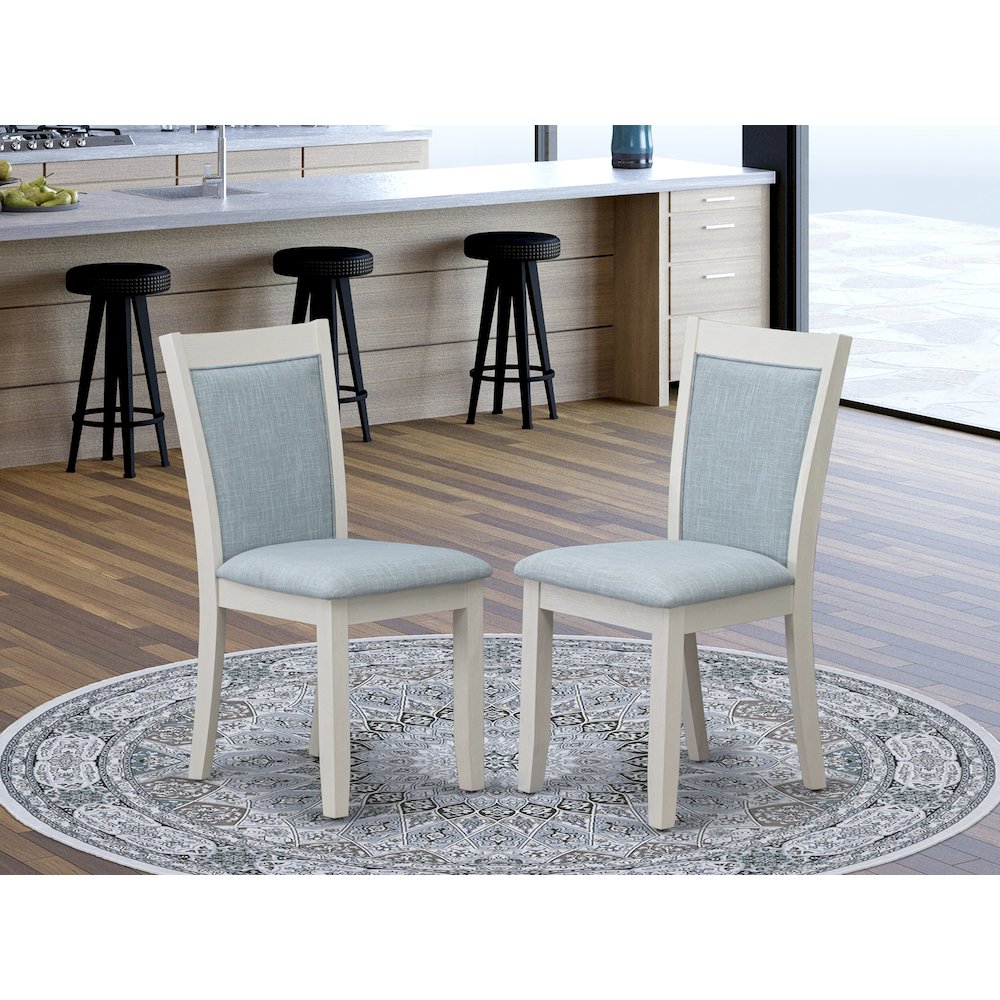 V026MZ015-6 6-Pc Table Set Contains a Wood Table - 4 Baby Blue Parson Chairs and a Small Bench - Wire Brushed Linen White Finish. Picture 6