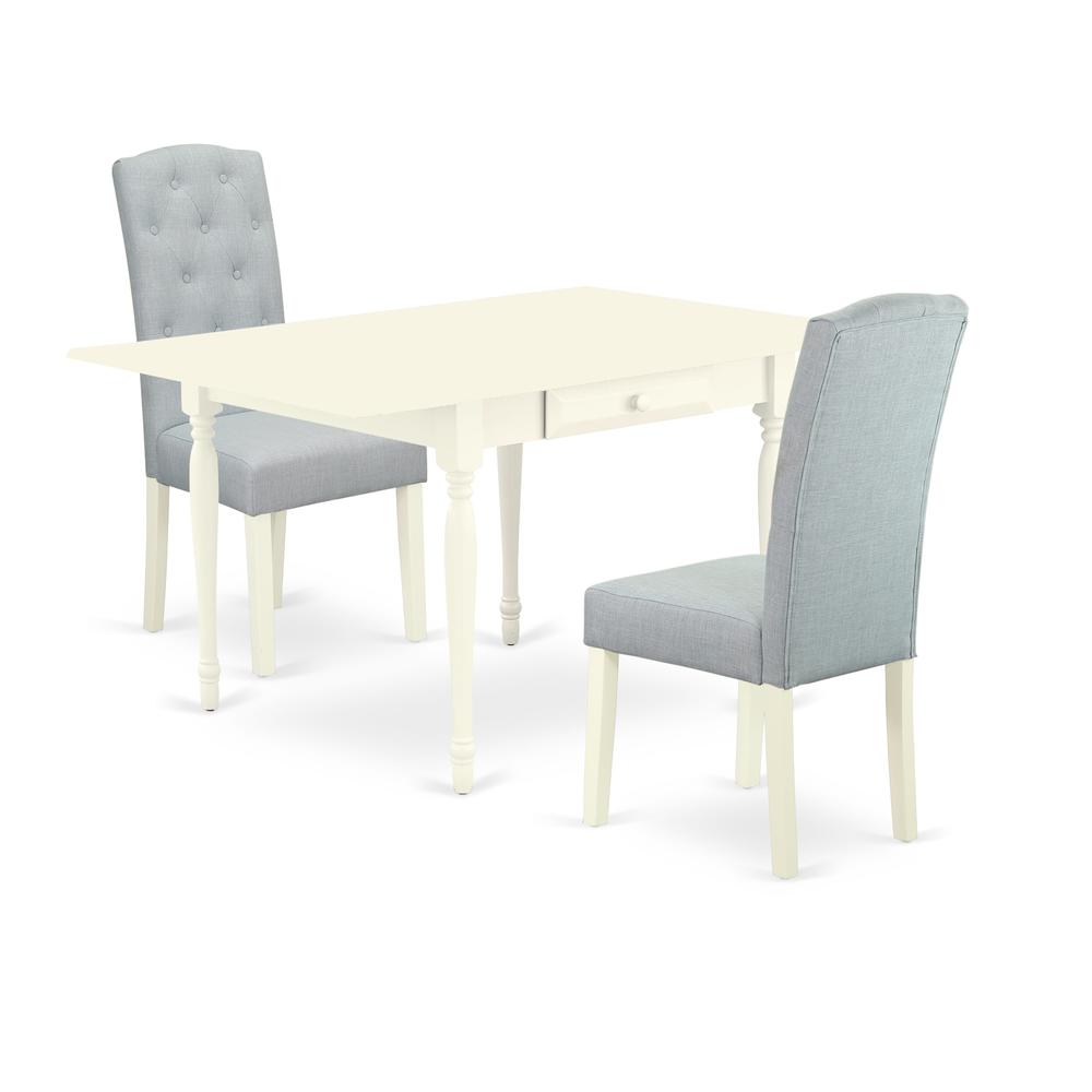 1MZCE3-LWH-15 3Pc Dining Table Set Contains a Wood Dining Table and 2 Upholstered Dining Chairs with Baby Blue Color Linen Fabric, Drop Leaf Table with Full Back Chairs, Linen White Finish. Picture 1