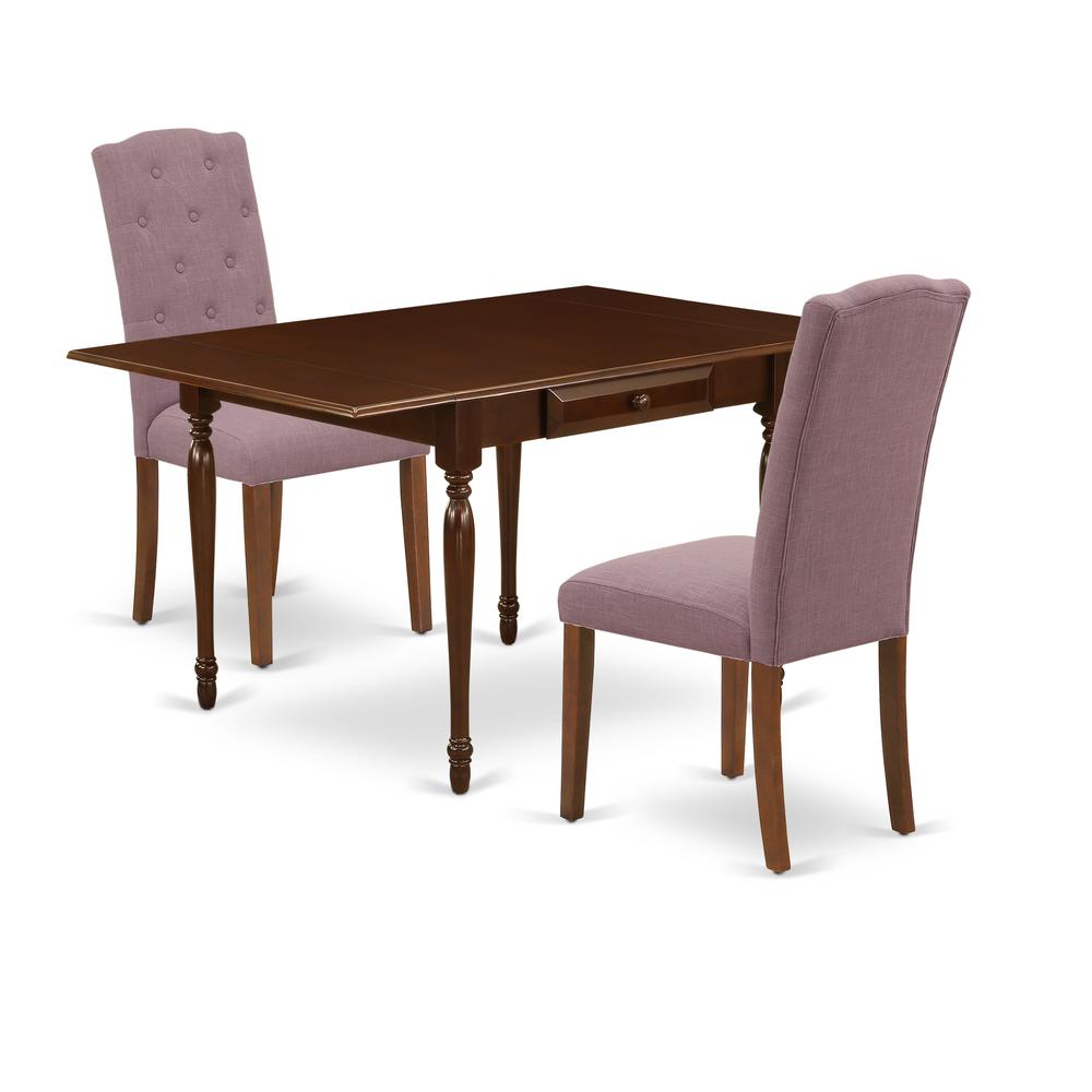 1MZCE3-MAH-10 3Pc Dining Room Table Set Offers a Modern Dining Table and 2 Parsons Dining Chairs with Dahlia Color Linen Fabric, Drop Leaf Table with Full Back Chairs, Mahogany Finish. Picture 1