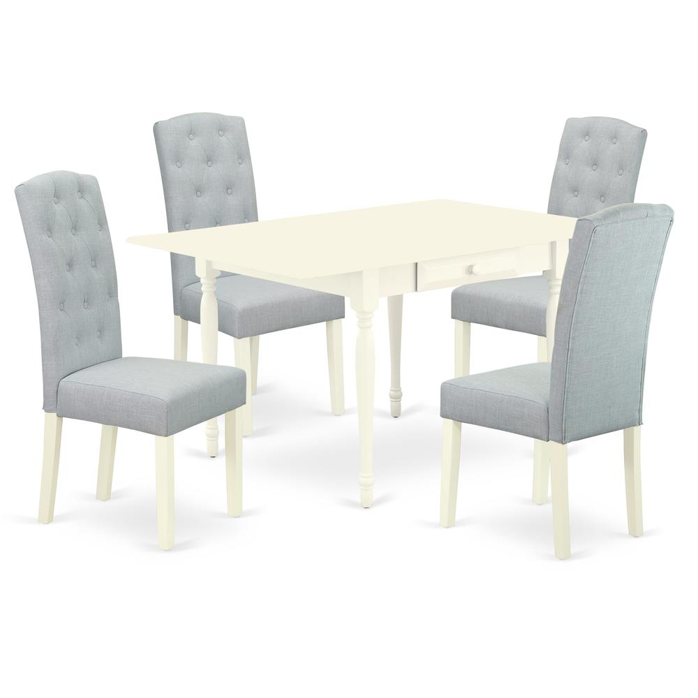 1MZCE5-LWH-15 5Pc Dinette Sets for Small Spaces Includes a Small Kitchen Table and 4 Parson Chairs with Baby Blue Color Linen Fabric, Drop Leaf Table with Full Back Chairs, Linen White Finish. Picture 1