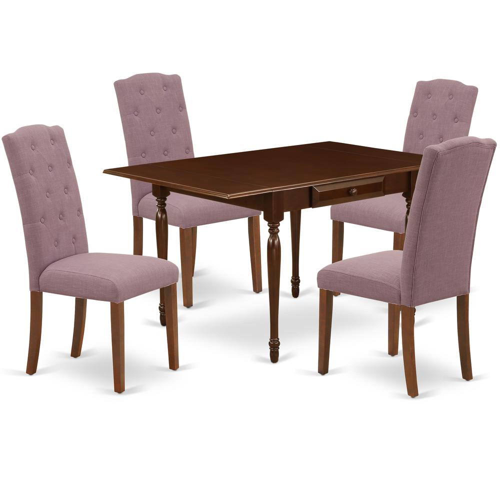 1MZCE5-MAH-10 5Pc Dinette Set Offers a Wood Table and 4 Parsons Dining Chairs with Dahlia Color Linen Fabric, Drop Leaf Table with Full Back Chairs, Mahogany Finish. Picture 1
