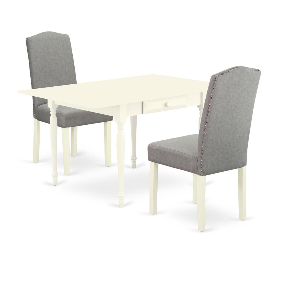 1MZEN3-LWH-06 3Pc Dining Table Set Contains a Wood Dining Table and 2 Parsons Chairs with Shitake Color Linen Fabric, Drop Leaf Table with Full Back Chairs, Linen White Finish. Picture 1