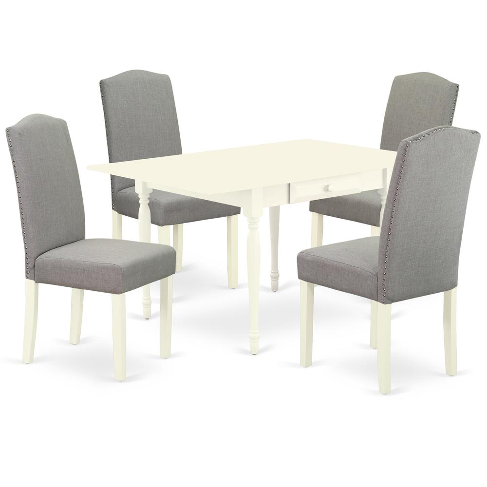 1MZEN5-LWH-06 5Pc Modern Dining Table Set Contains a Wood Dining Table and 4 Parsons Chairs with Shitake Color Linen Fabric, Drop Leaf Table with Full Back Chairs, Linen White Finish. Picture 1