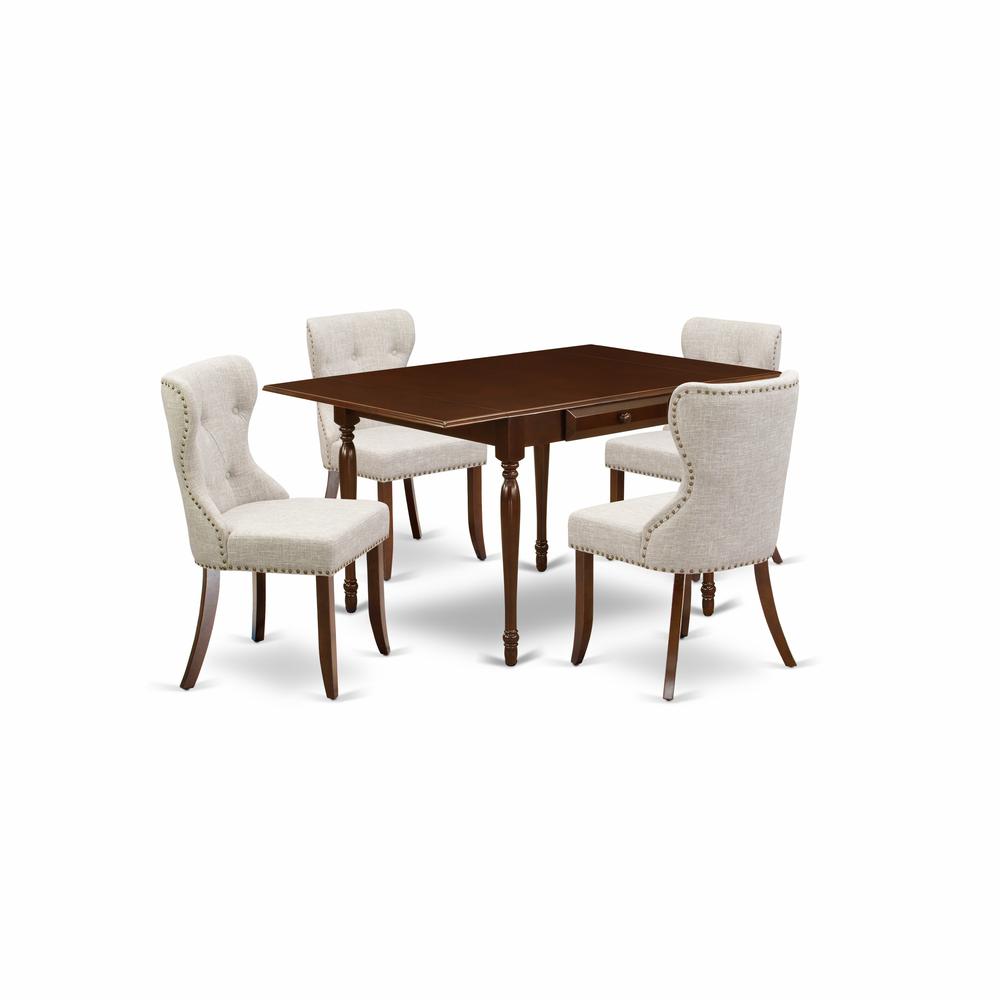 East-West Furniture MZSI5-MAH-35 - A kitchen table set of 4 amazing kitchen chairs with Linen Fabric Doeskin color and a lovely wooden dining table with Mahogany Finish. Picture 1