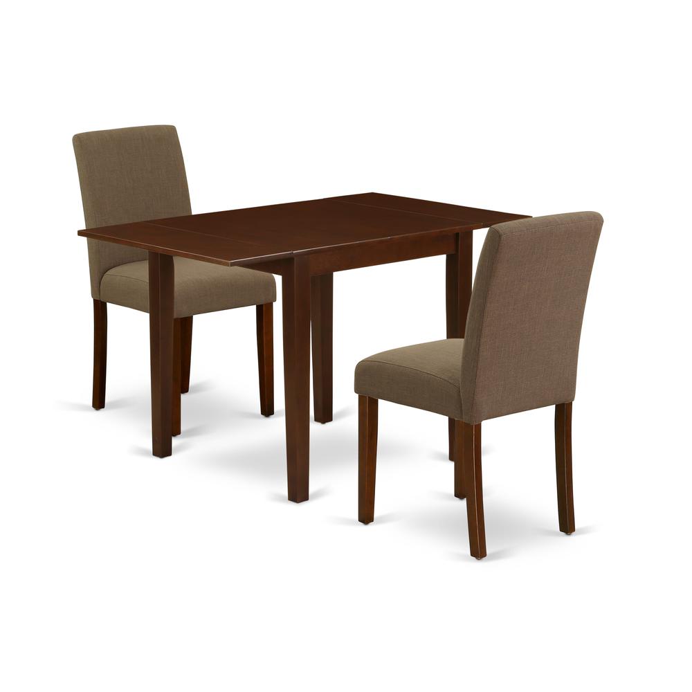 1NDAB3-MAH-18 Modern Dining Table Set 3 Pc - Two Parson Chairs and a Dining Room Table - Mahogany Finish Wood - Coffee Color Linen Fabric. Picture 1