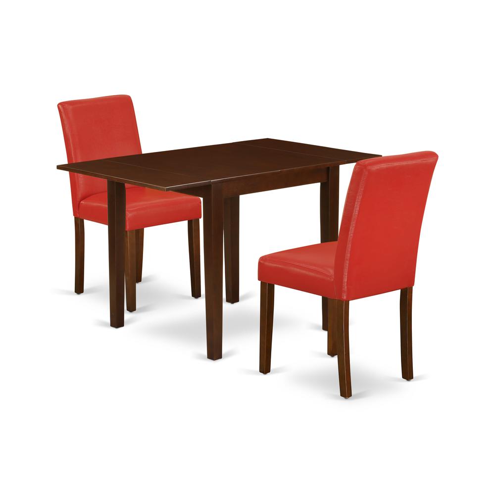 1NDAB3-MAH-72 Modern Dining Table Set 3 Pc - 2 Dining Room Chairs and a Dinner Table - Mahogany Finish Solid wood - Firebrick Red Pu Leather. Picture 1