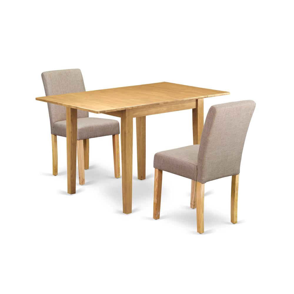 1NDAB3-OAK-04 Dining Table Set 3 Pc - Two Dining Room Chairs and a Modern Dining Table - Oak Finish Wood - Light Fawn Color Linen Fabric. Picture 1