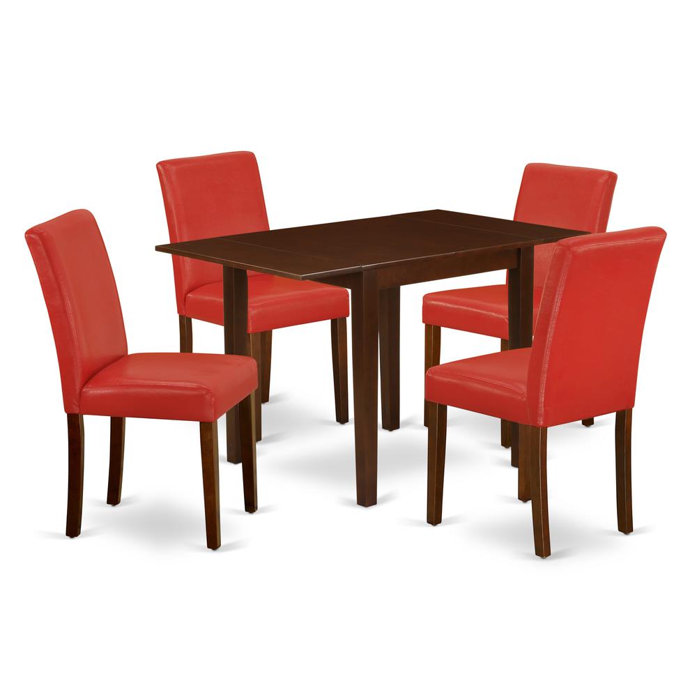 1NDAB5-MAH-72 Dinette Set 5 Pc - Four Kitchen Chairs and a Modern Dining Table - Mahogany Finish Hardwood - Firebrick Red Color Pu Leather. Picture 1
