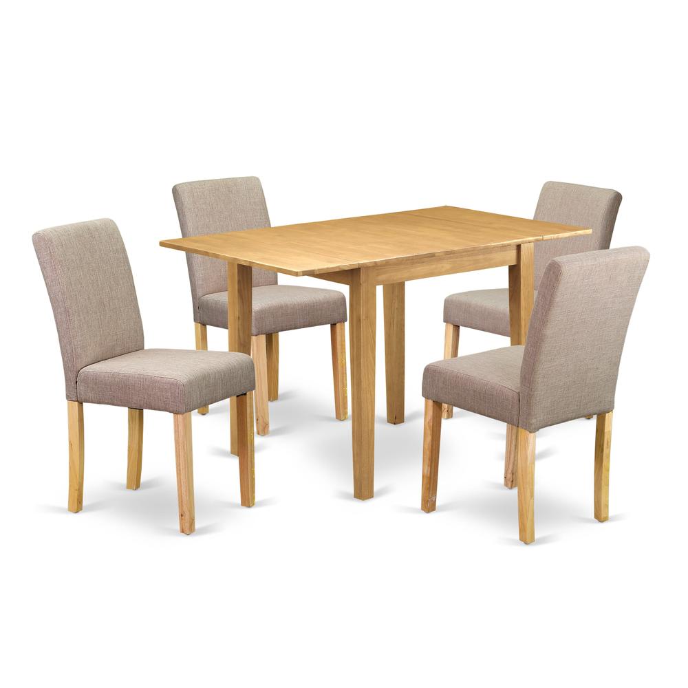 1NDAB5-OAK-04 Dinette Set 5 Pc - Four Dining Room Chairs and a Wooden Table - Oak Finish Hardwood - Light Fawn Color Linen Fabric. Picture 1
