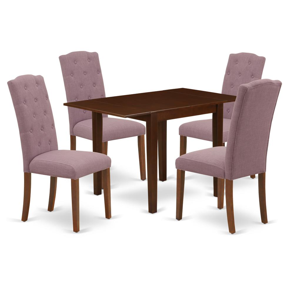 1NDCE5-MAH-10 Dining Set 5 Pc - 4 Kitchen Chairs and a Wooden Table - Mahogany Finish Solid wood - Dahlia Color Linen Fabric. Picture 1