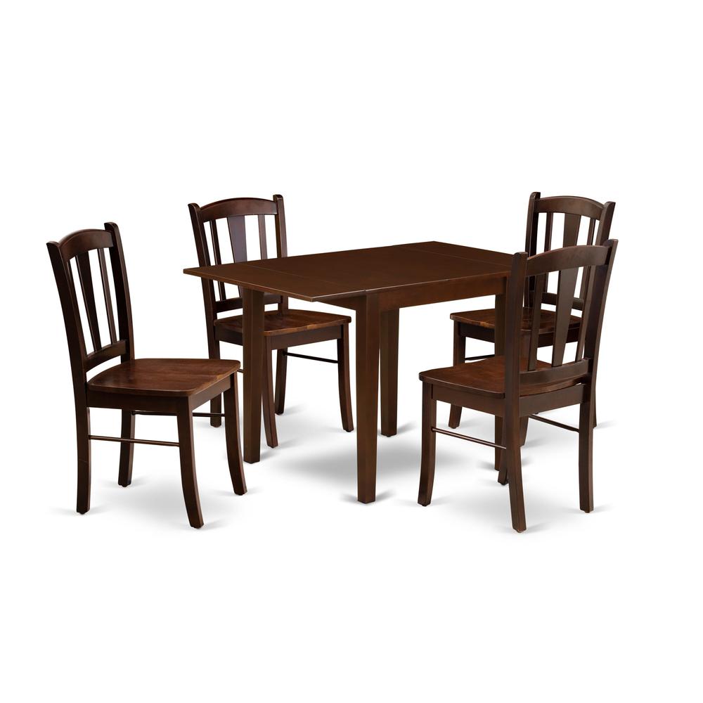 NDDL5-MAH-W - 5-Piece Kitchen Dining Room Set- 4 Mid Century Chair with Wooden Seat and Slatted Chair Back - Dropleafs Rectangular Table - Mahogany Finish. Picture 1