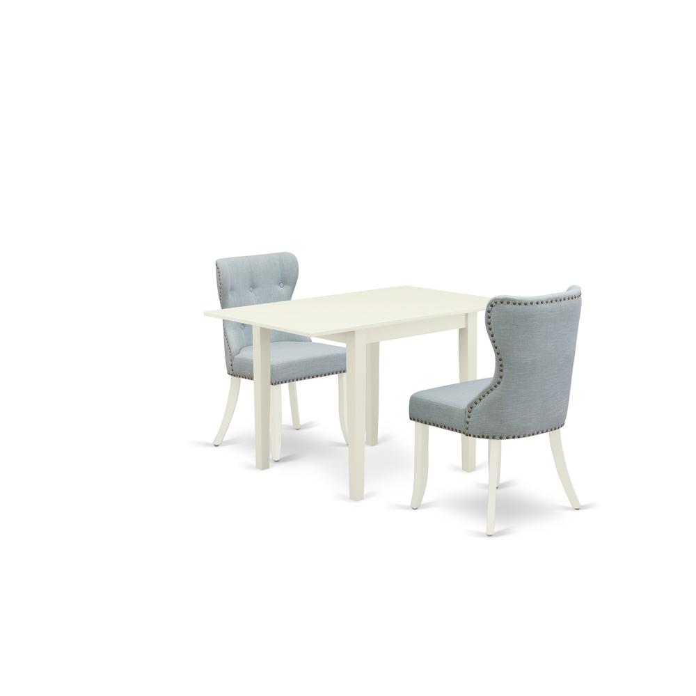 East-West Furniture NDSI3-LWH-15 - A dining table set of two great parson chairs with Linen Fabric Baby Blue color and a gorgeous drop leaf rectangle dining table with Linen White color. Picture 1