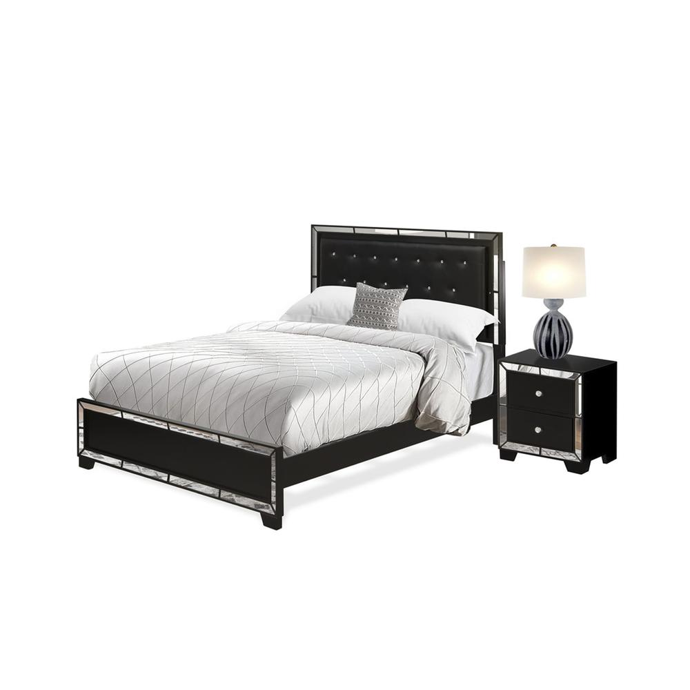 NE11-Q1N000 2-PC Nella Bedroom Set with Button Tufted Queen Bed and Small Nightstand - Black Leather Headboard and Black legs. Picture 1