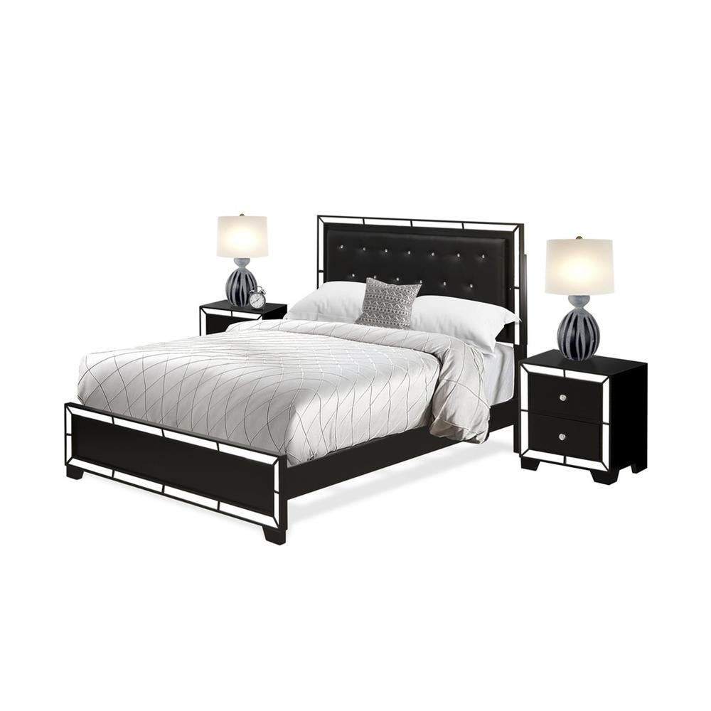 NE11-Q2N000 3-PC Nella Bedroom Set with Button Tufted Queen Bedframe and 2 Modern Nightstands - Black Leather Headboard and legs. Picture 1