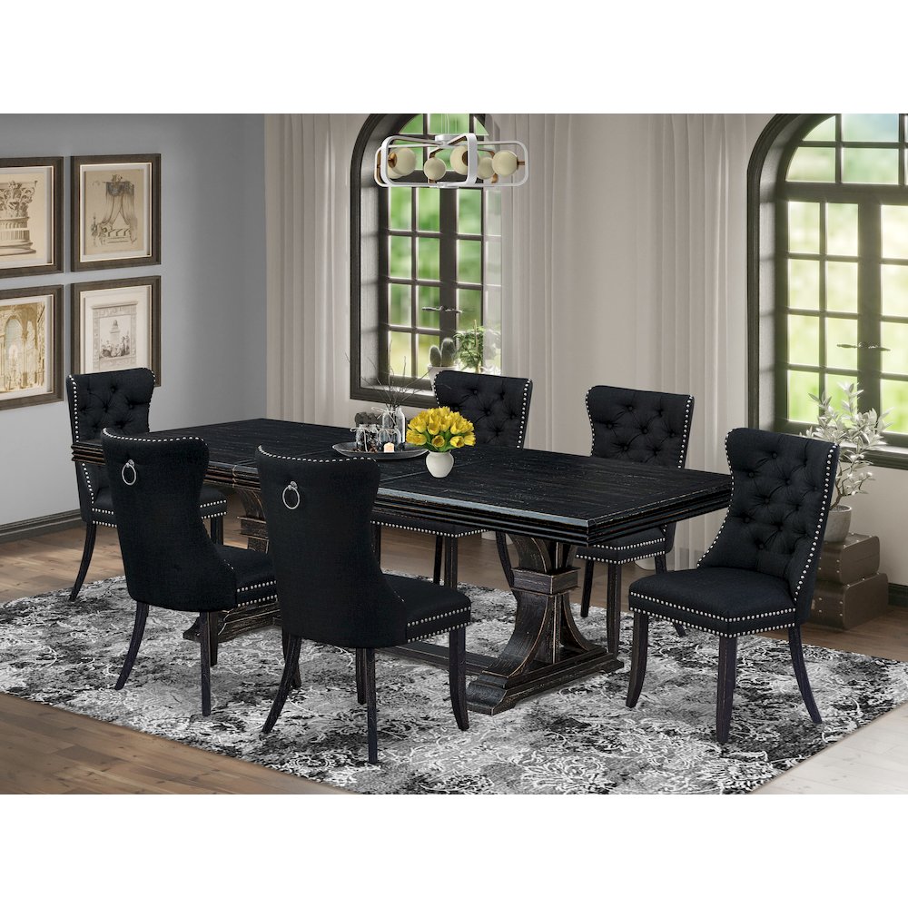7 piece dining room set of a wooden table and 6 Linen Fabric kitchen chairs. Picture 5