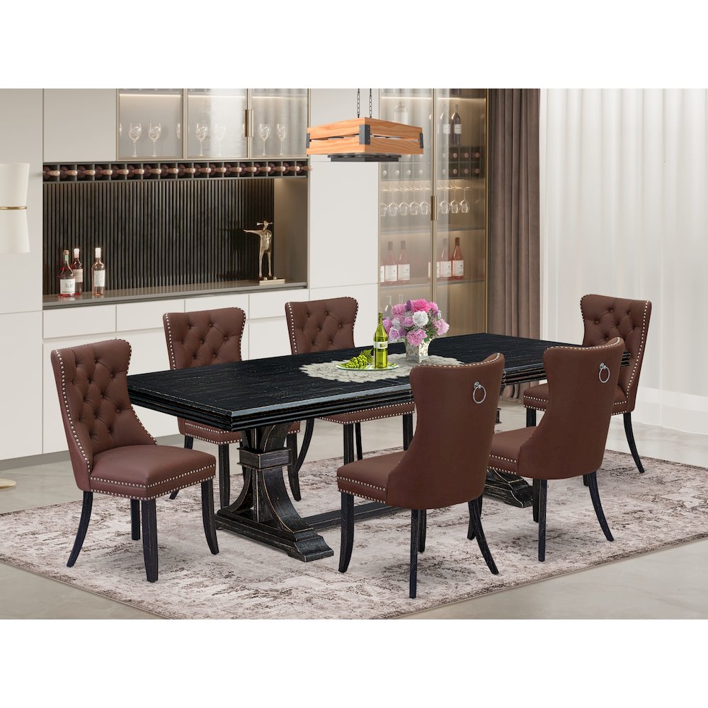 7 piece dining table set a wooden table and 6 Faux Leather Parson Chairs. Picture 5