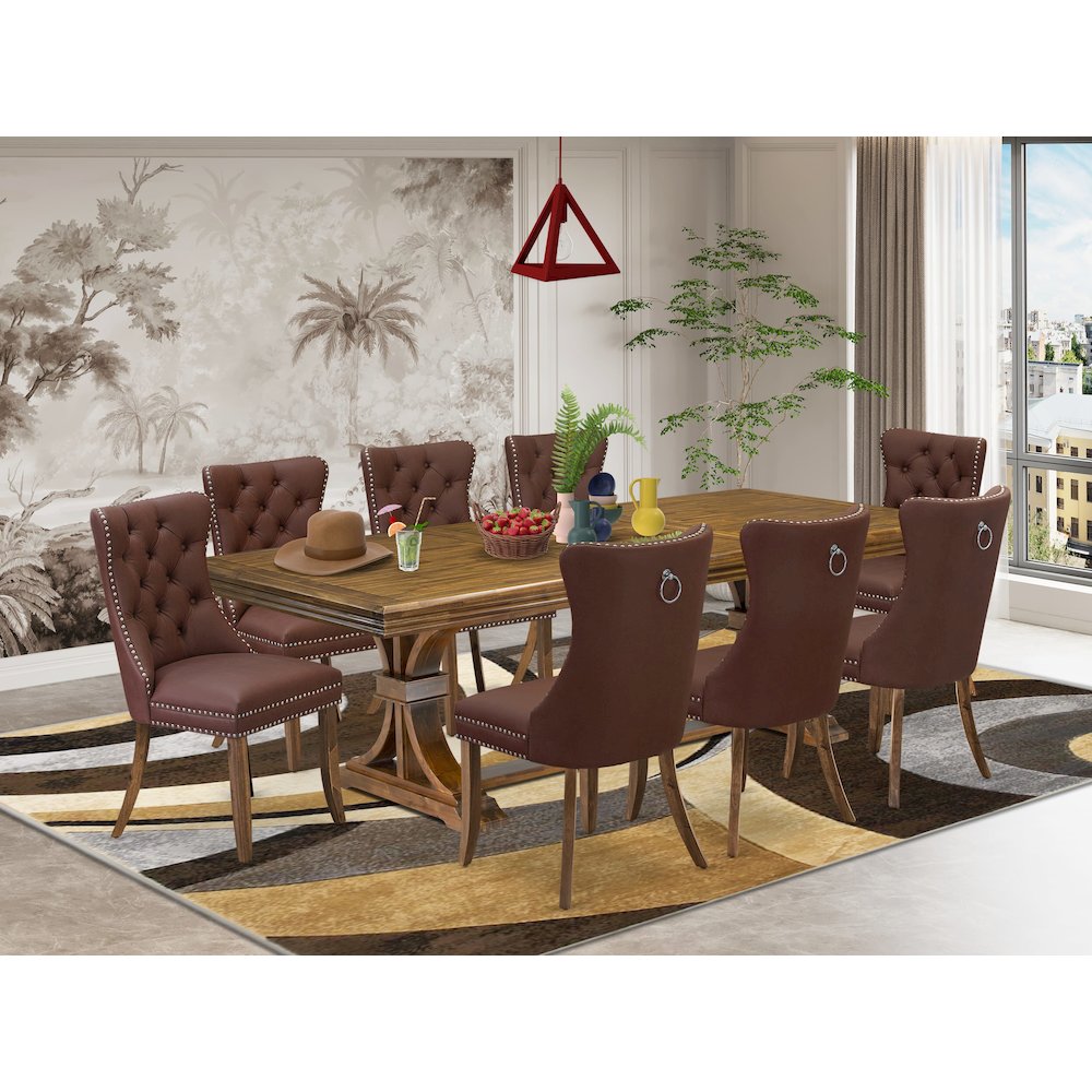9 Pieces Dining Table Set a Rectangle Table and 8 Dining Chairs, Antique Walnut. Picture 5