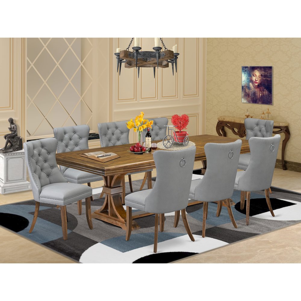 9 Pieces Dining Table Set a Rectangle Table and 8 Dining Chairs, Antique Walnut. Picture 5