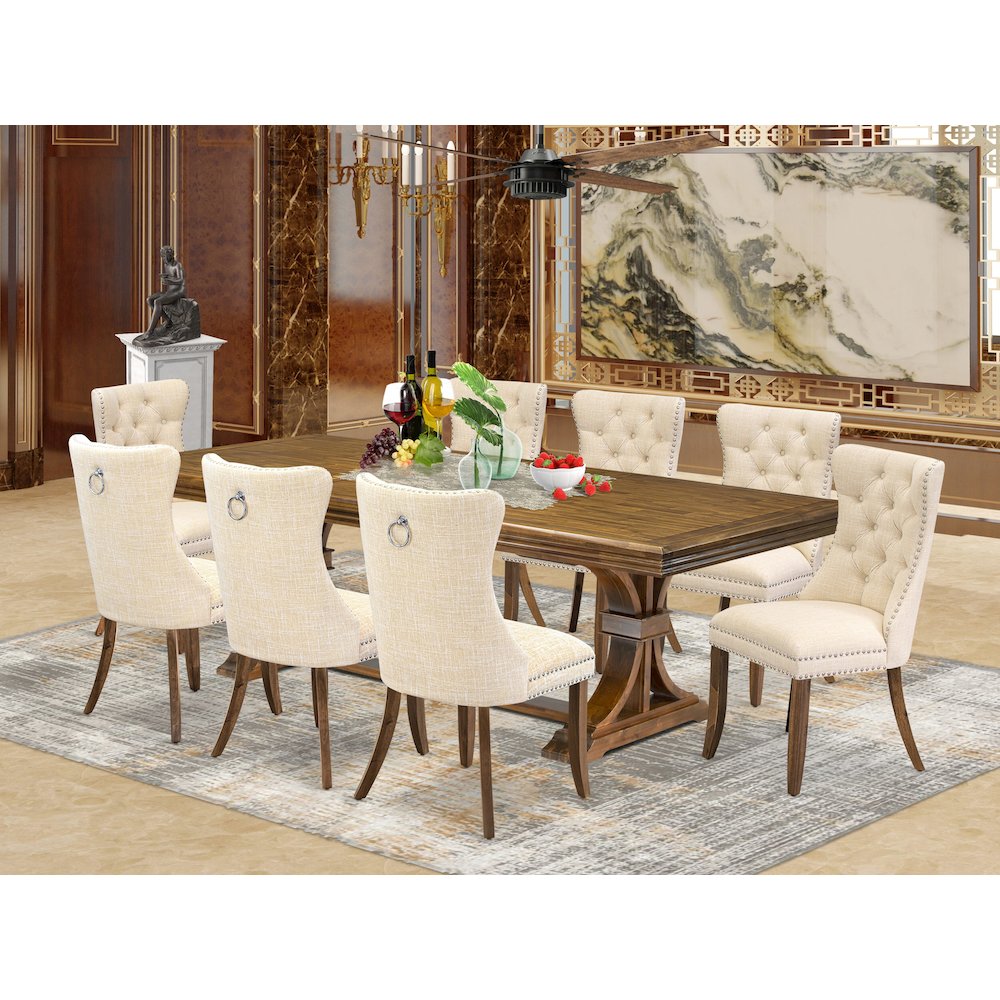 9 Pieces Dining Table Set a Rectangle Table and 8 Linen fabric Dining Chairs. Picture 5