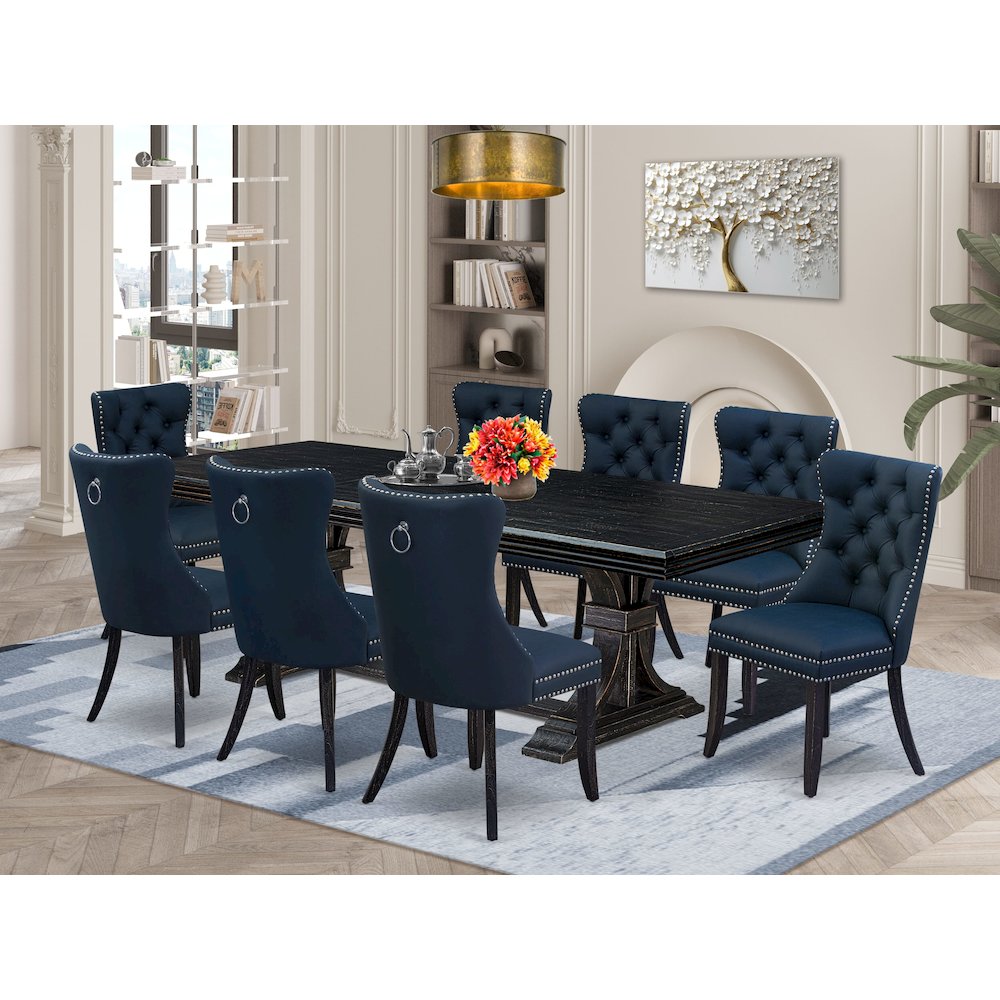 9 piece modern dining set a dinner table and 8 Faux Leather kitchen Chairs. Picture 5