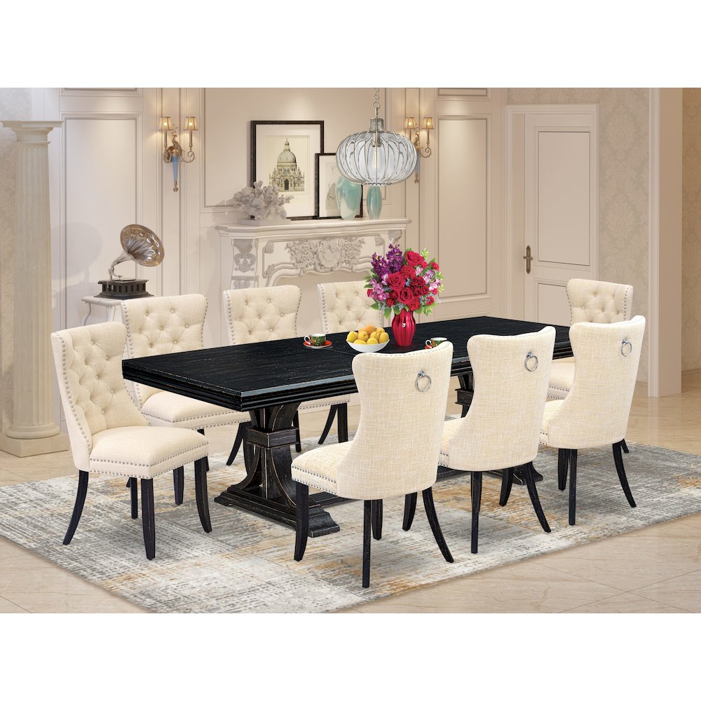 9 piece dining table set of a dinner table and 8 Linen Fabric dining chairs. Picture 5