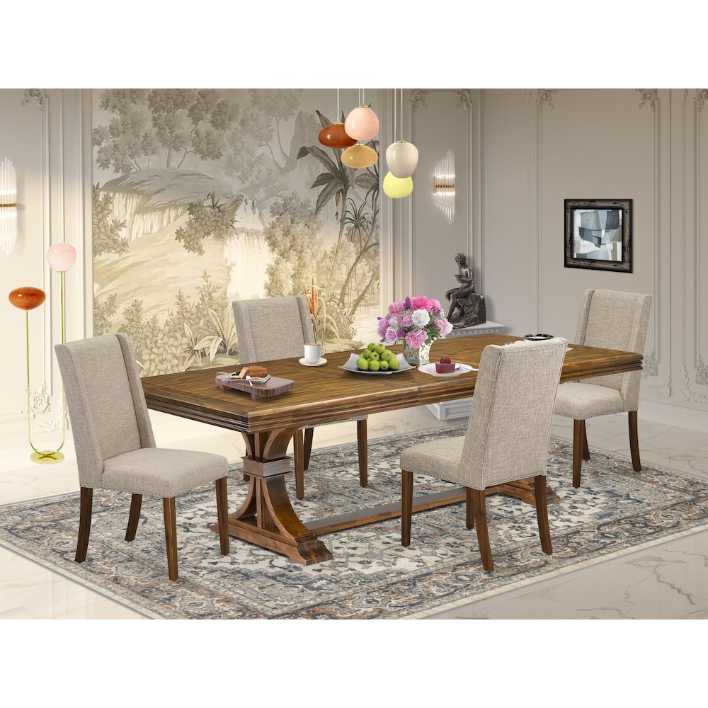 5 piece dining room set of a wooden table and 4 Linen Fabric upholstered chairs. Picture 5
