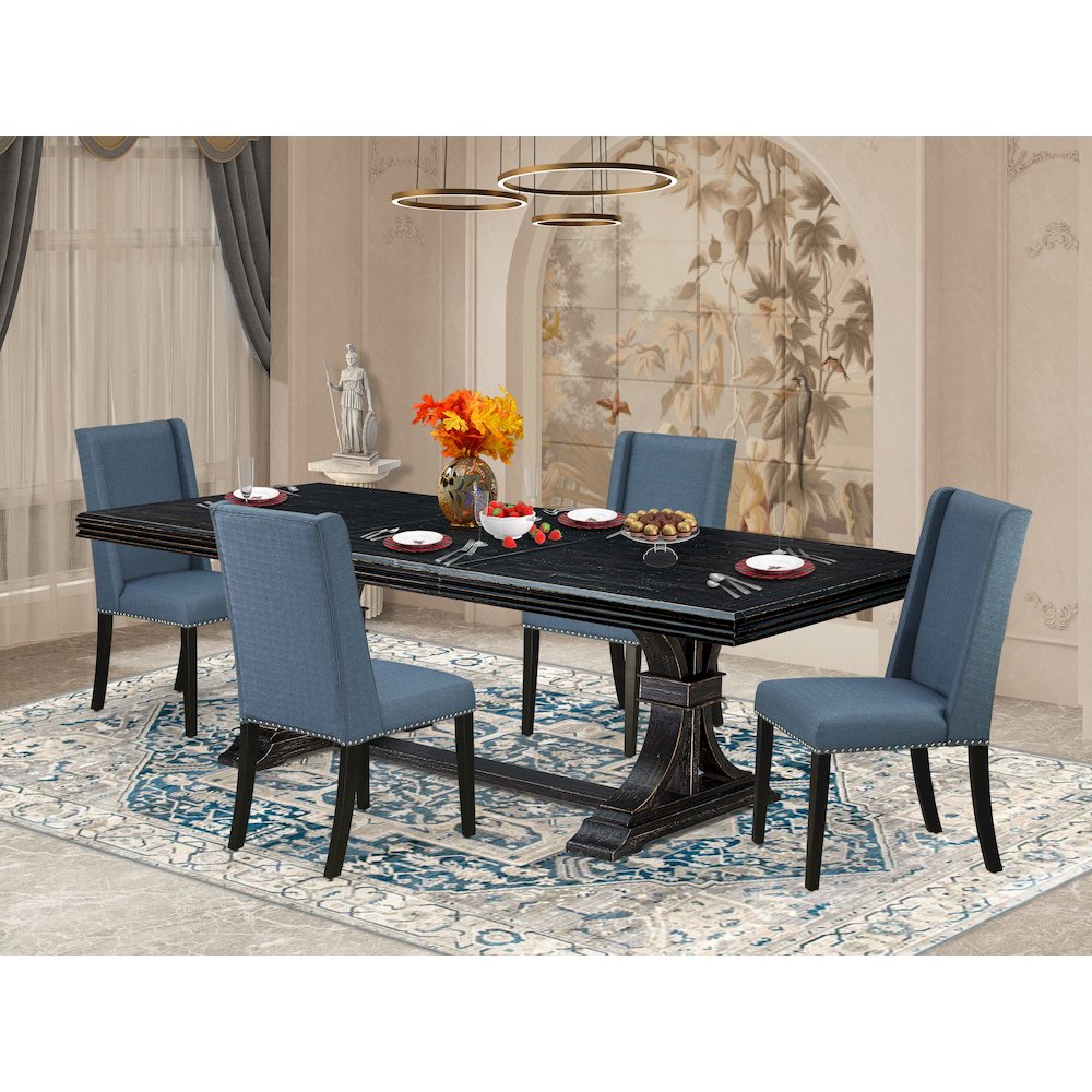 5 piece kitchen dining set of a dining table and 4 Linen Fabric dining chairs. Picture 5