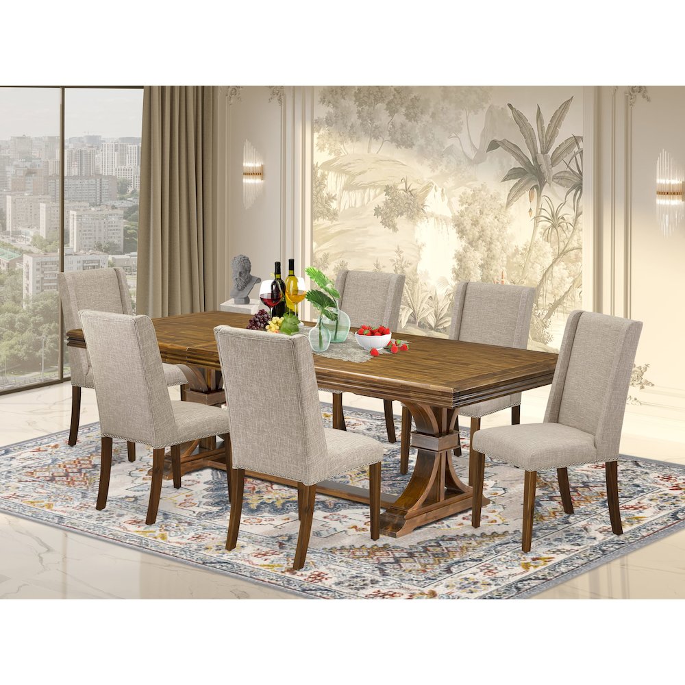 7 piece dining table set a rectangular table and 6 Linen Fabric kitchen chairs. Picture 5