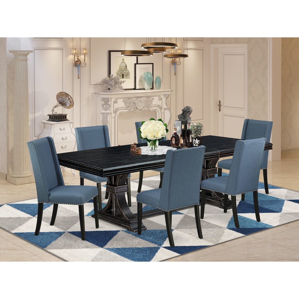 7 piece modern dining set of a dining table and 6 upholstered chairs. Picture 5