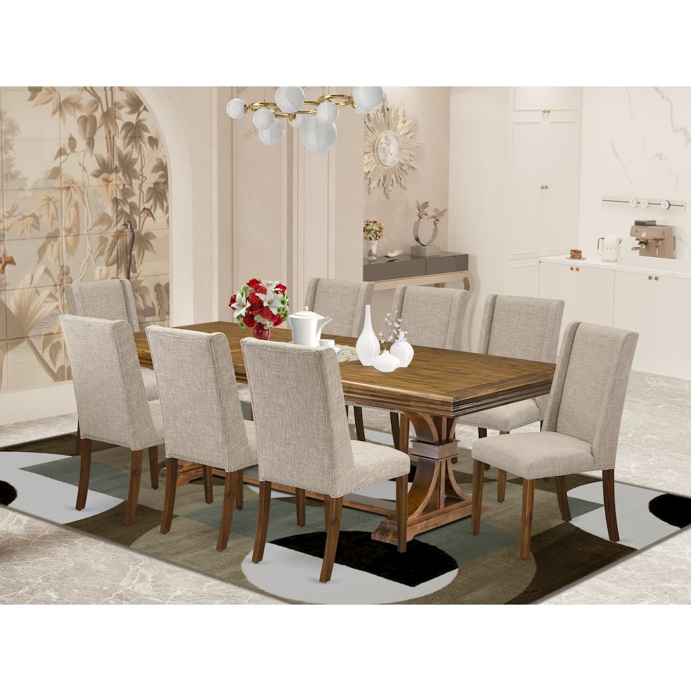 9 piece kitchen set of a dinner table and 8 Linen Fabric parson chairs. Picture 5