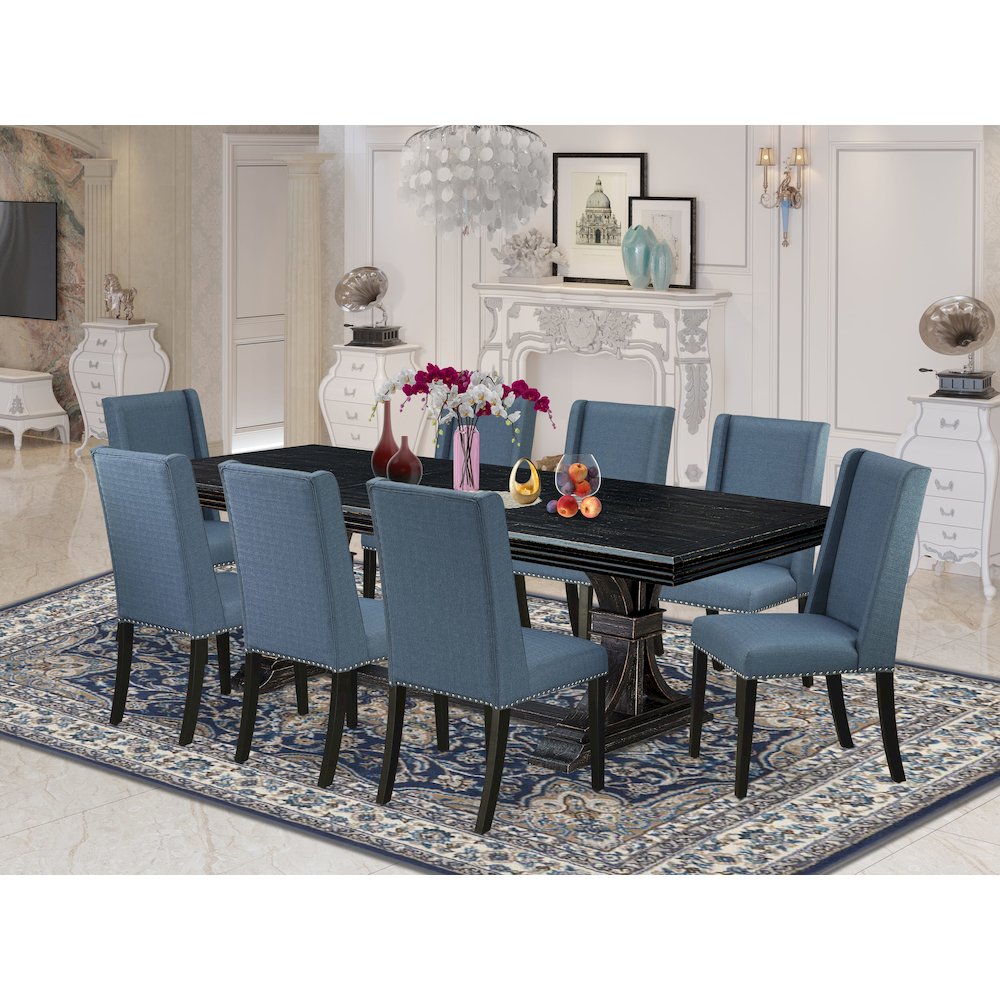 9 piece kitchen table set of a dining table and 8 Linen Fabric dining chairs. Picture 5