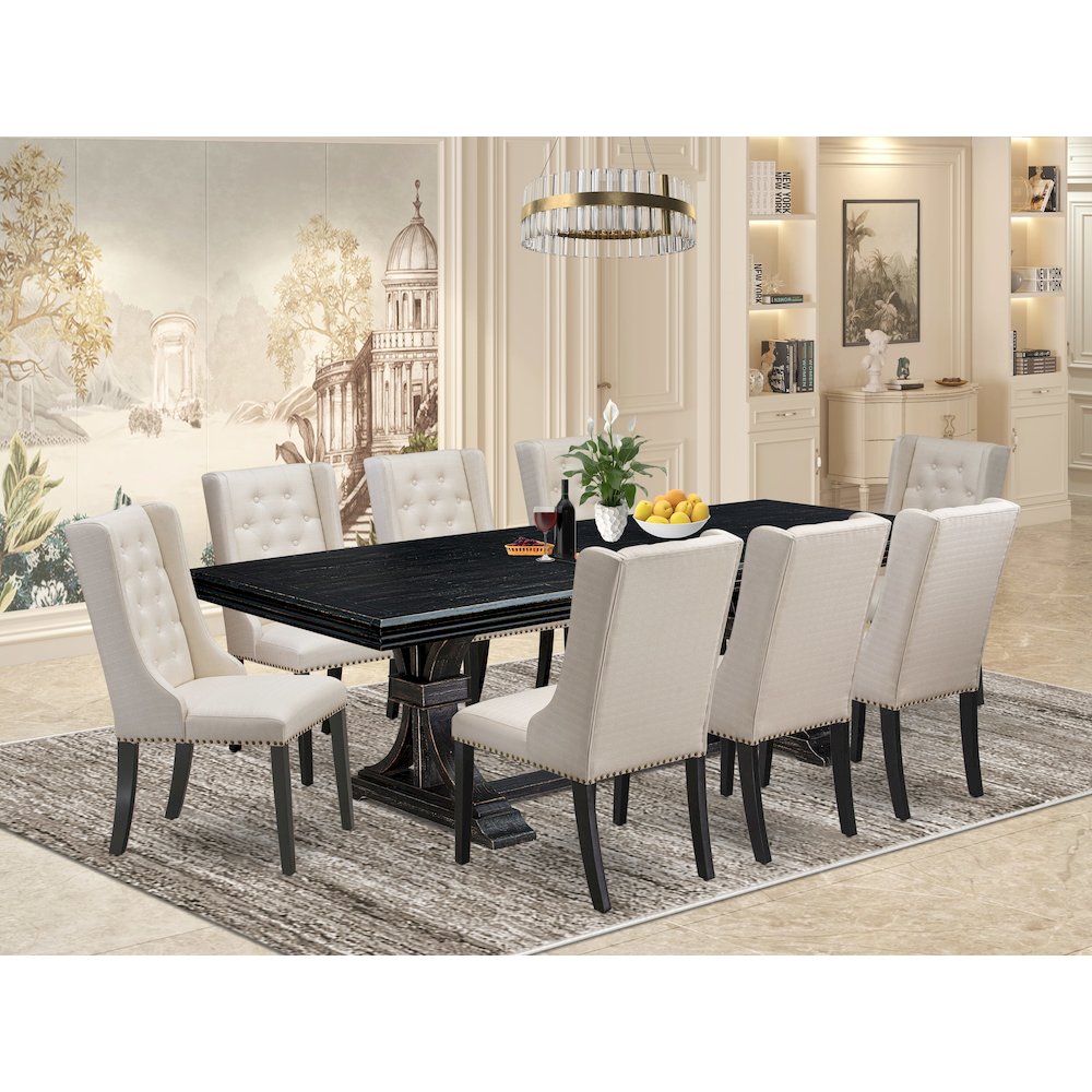 9 piece dining set of a dinner table and 8 dining room chairs & black legs. Picture 5