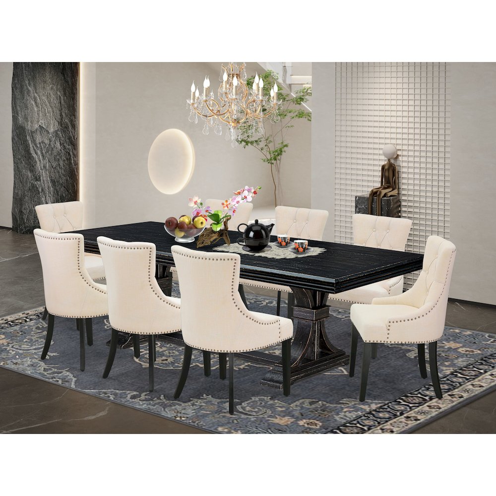 9 piece dining set a wooden table and 8 Linen Fabric dining chairs & black legs. Picture 5