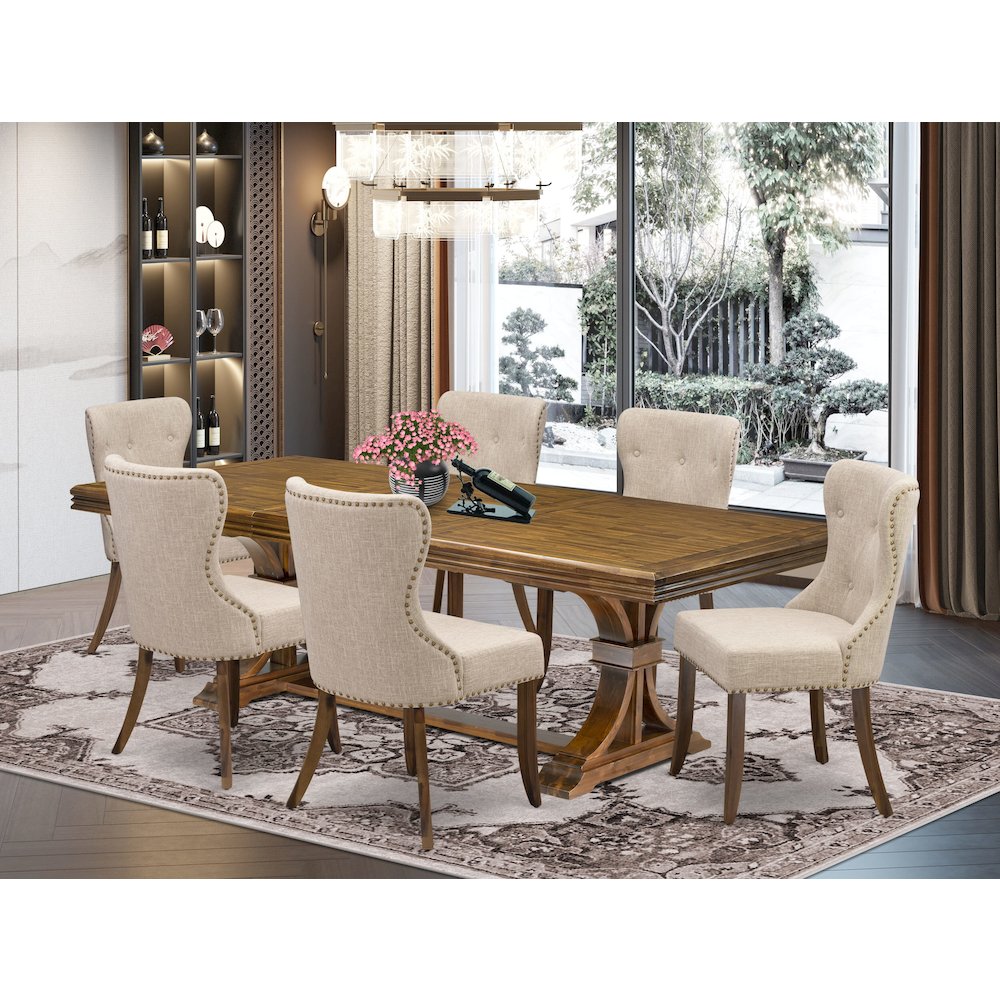 7 piece Dining Room Table Set of a Modern Table and 6 Linen Fabric Dining Chairs. Picture 5