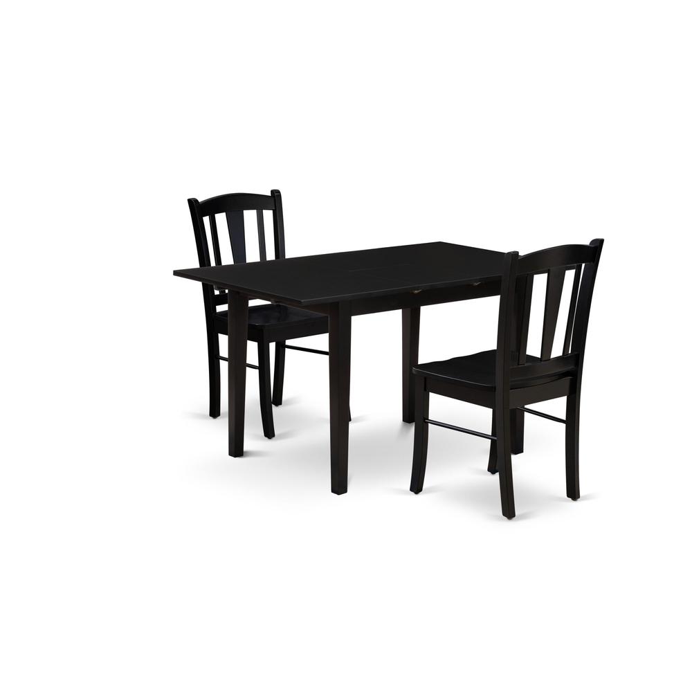 NFDL3-BLK-W - 3-Piece Kitchen Dining Room Set- 2 Modern Dining Chairs with Wooden Seat and Slatted Chair Back - Butterfly Leaf Rectangular Dining Table (Black Finish). Picture 1