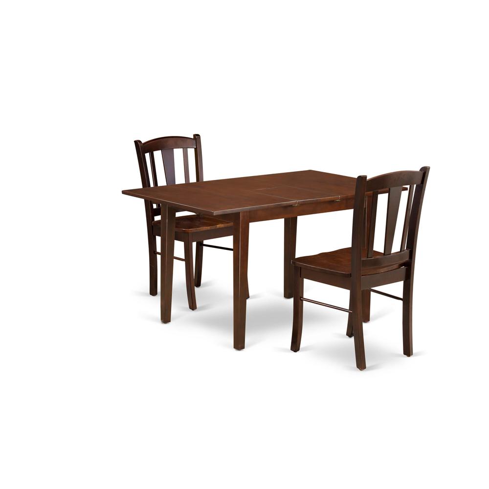 NFDL3-MAH-W - 3-Pc Dining Room Table Set- 2 Dining Chair with Wooden Seat and Slatted Chair Back - Butterfly Leaf Modern Kitchen Table - Mahogany Finish. Picture 1