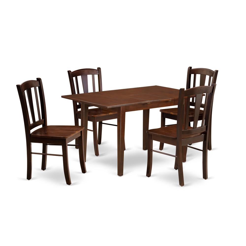 NFDL5-MAH-W - 5-Pc Dining Room Table Set- 4 Kitchen Chair with Wooden Seat and Slatted Chair Back - Butterfly Leaf Dining Table - Mahogany Finish. Picture 1