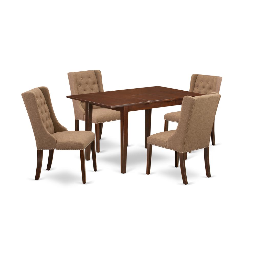 East West Furniture NFFO5-MAH-47 5-Piece Dining Room Table Set Includes 1 Butterfly Leaf Dining Table and 4 Light Sable Linen Fabric Parson Chairs with Button Tufted Back - Mahogany Finish. Picture 1