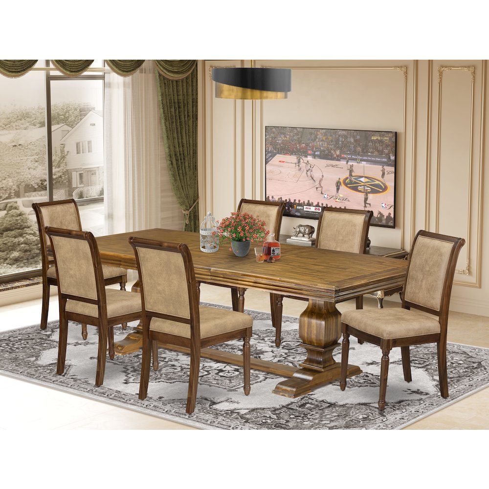 7 piece Kitchen Table Set of a Modern Dining Table and 6 Dark Grey Dinner Chairs. Picture 5