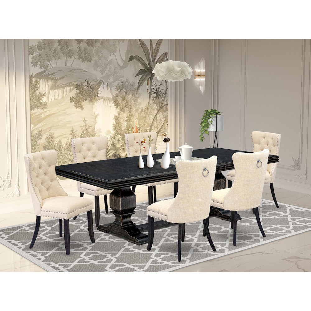 7 piece dining set of a dining table and 6 Linen Fabric kitchen chairs. Picture 5