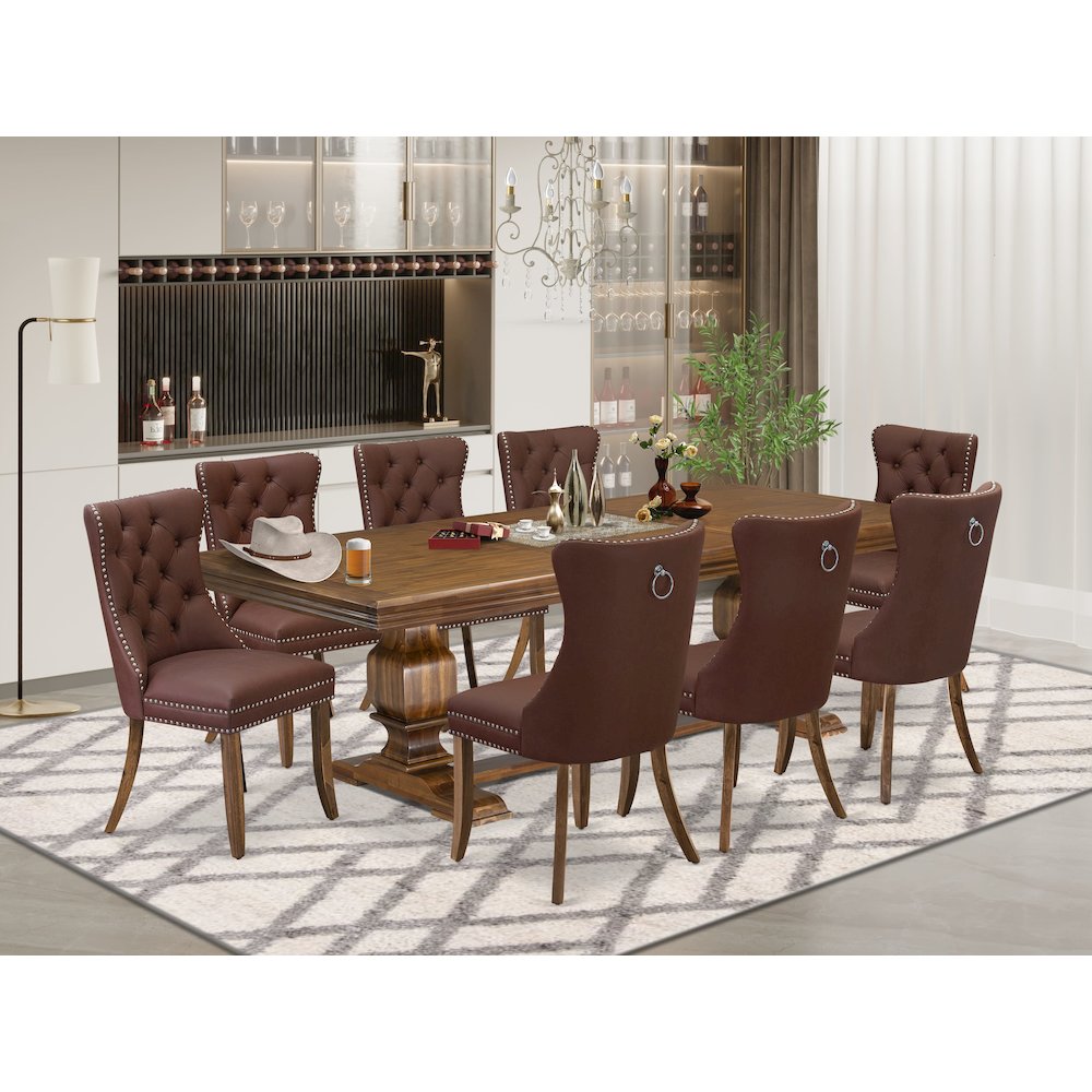 9 Pieces Dining Table Set a Rectangle Table and 8 Dining Chairs, Antique Walnut. Picture 5