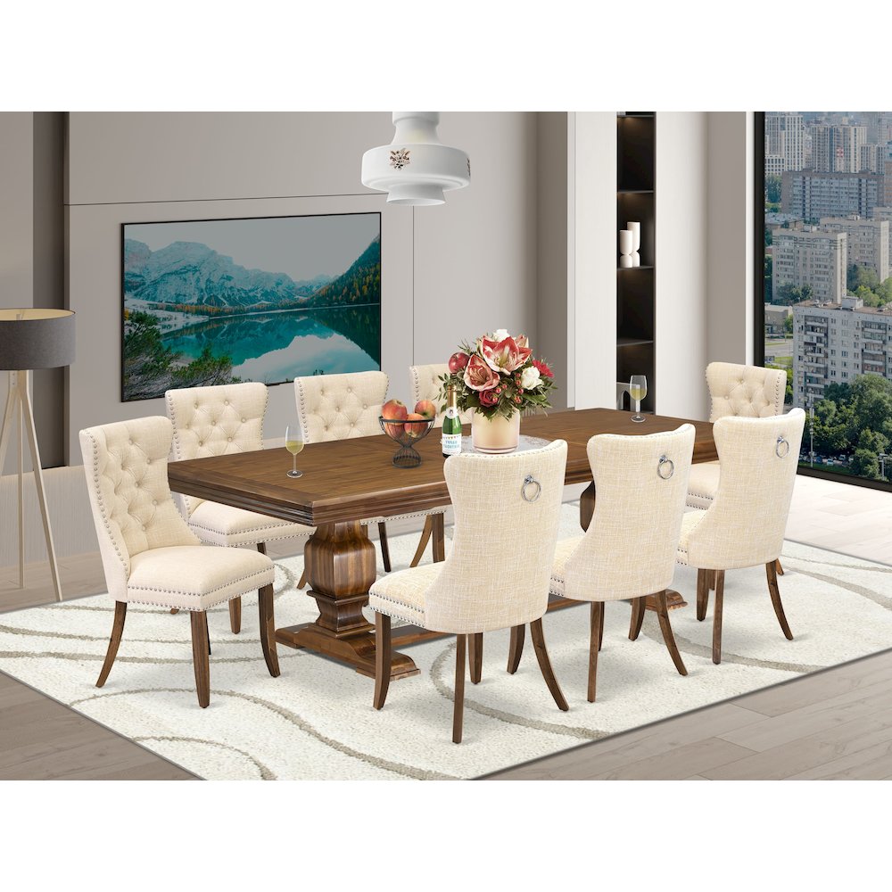 9 Pieces Dining Table Set a Rectangle Table and 8 Linen fabric Dining Chairs. Picture 5