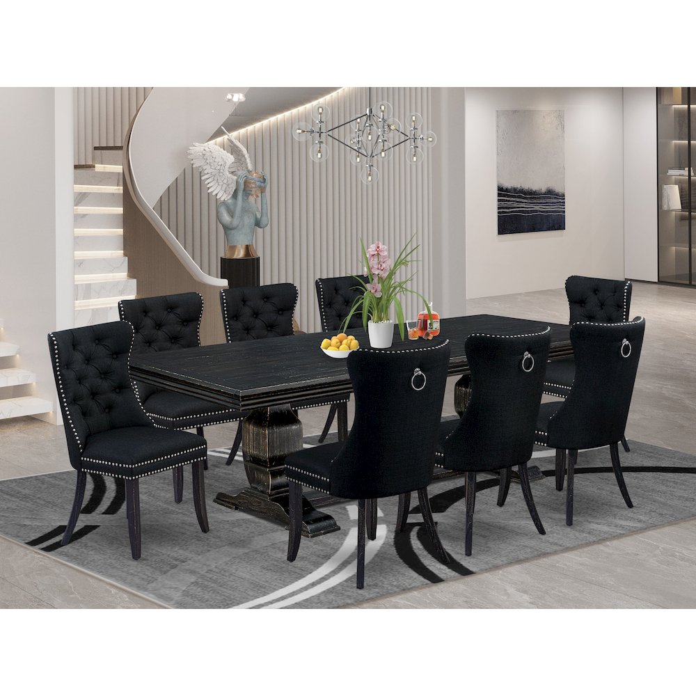 9 piece dining room set of a rectangular table and 8 Linen Fabric dining chairs. Picture 5