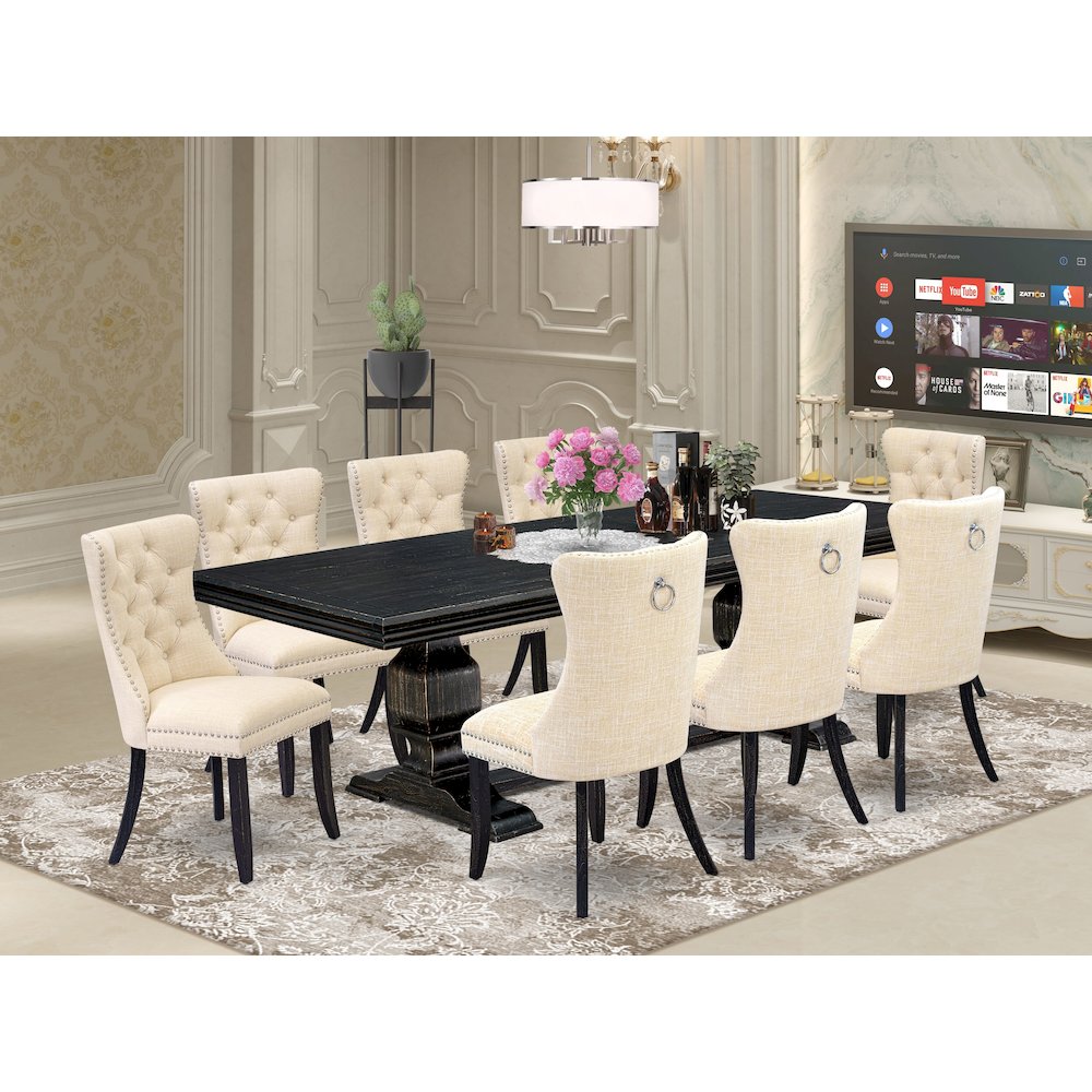 9 piece dining set consists of a wooden table and 8 Linen Fabric dining chairs. Picture 5