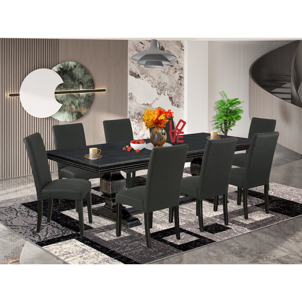 9 piece dining table set of a kitchen table and 8 Linen Fabric dining chairs. Picture 5