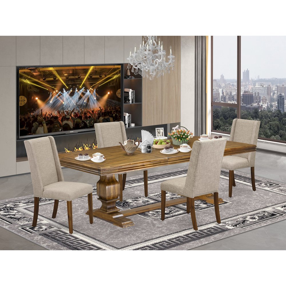 5 piece dining room set a wooden table and 4 Linen Fabric modern chairs. Picture 5