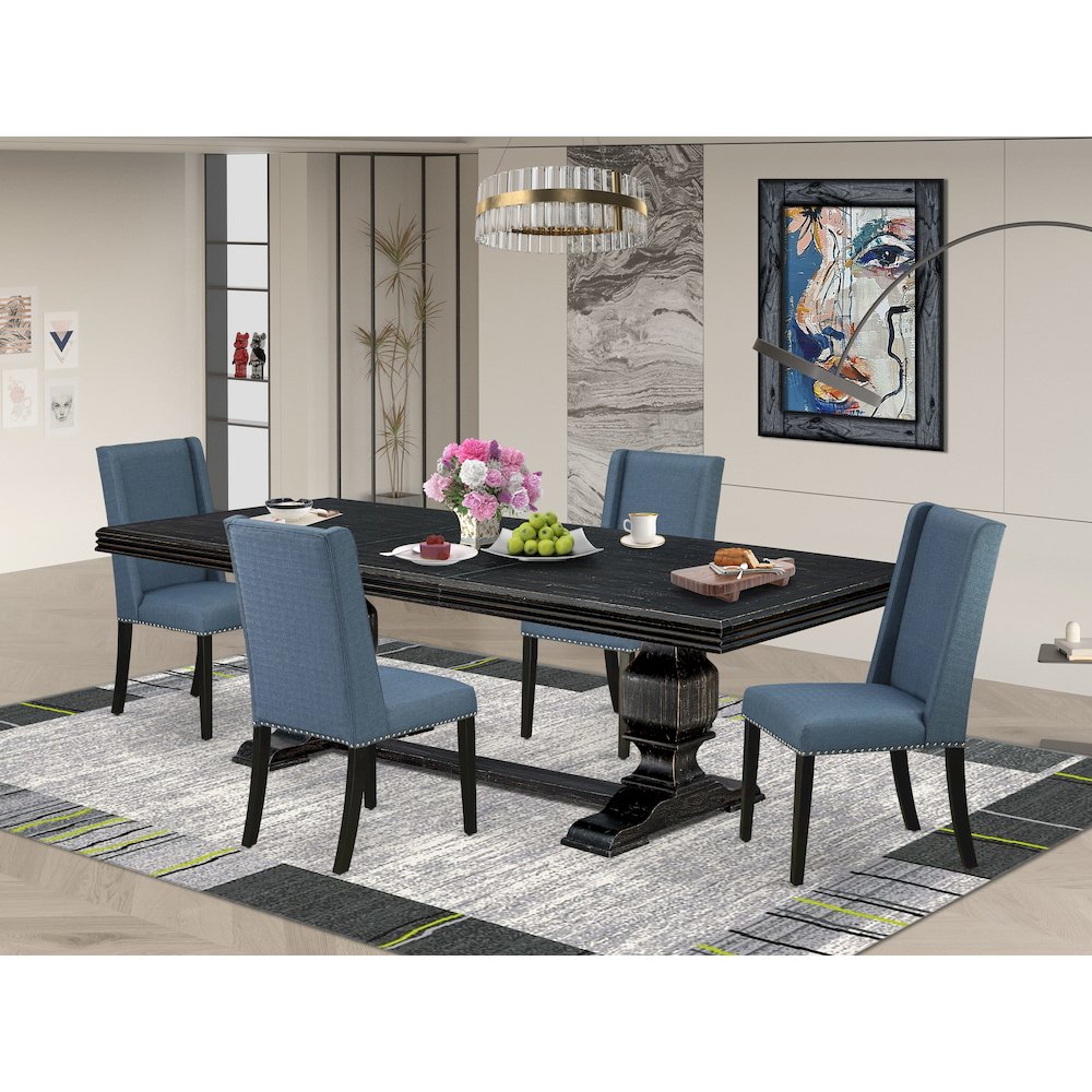 5 piece dining set of a wooden table and 4 Linen Fabric kitchen chairs. Picture 5