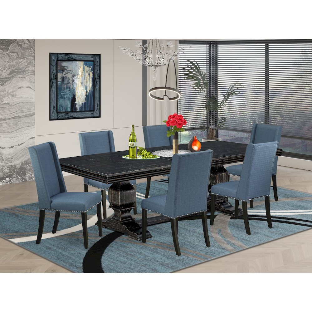 7 piece dining room set of a wooden table and 6 Linen Fabric dining chairs. Picture 5