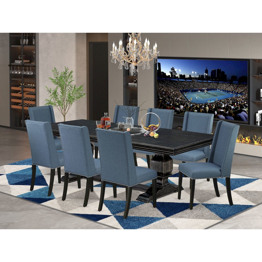 9 piece kitchen table set of a wooden table and 8 Linen Fabric parson chairs. Picture 5